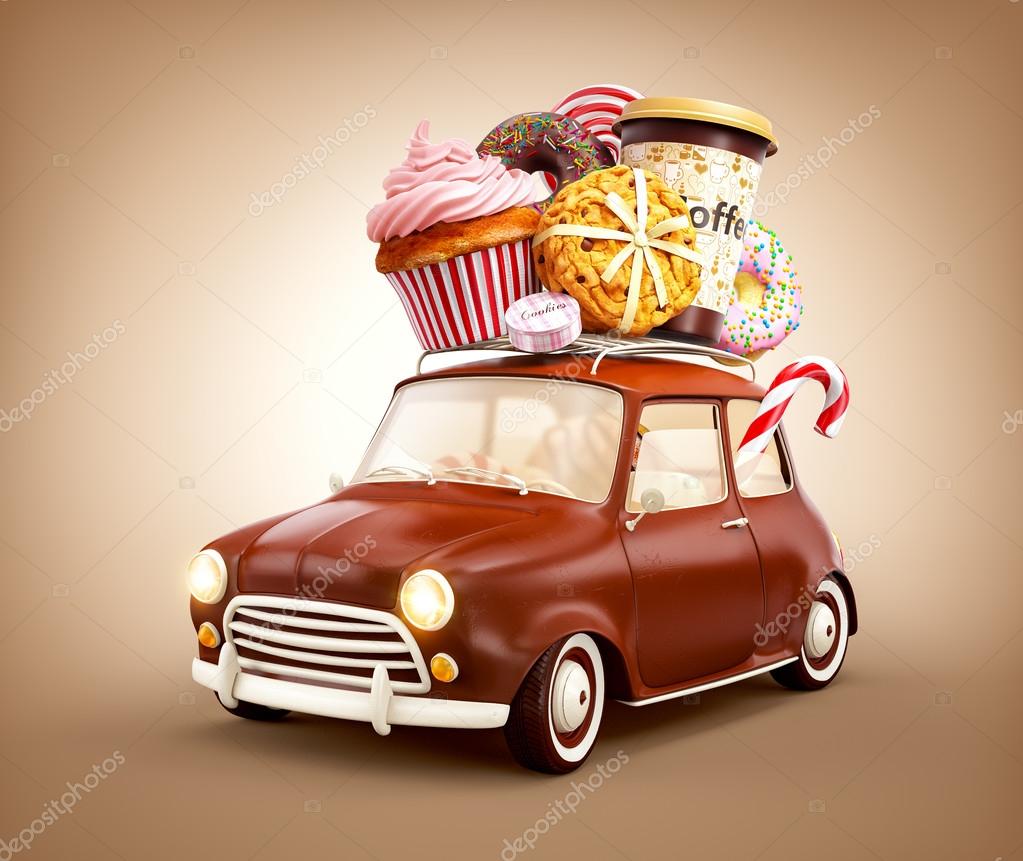 Cute fantastic chocolade car with sweets and coffee on top. Stock Photo