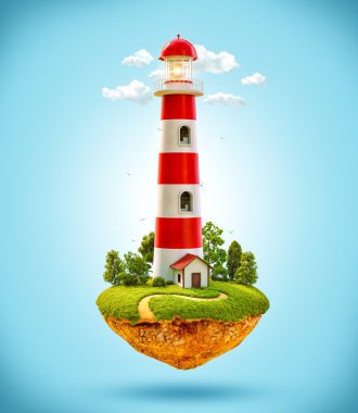 Levitating bir adada fantastik deniz feneri.