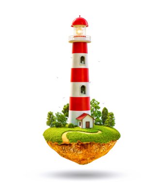 Levitating bir adada fantastik deniz feneri.