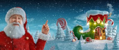 Noel Baba boşluğu işaret ediyor. Büyülü ormanda Noel 'de süslenmiş elf ayakkabısı şeklinde inanılmaz bir peri evi. Noel 3D illüstrasyon kartpostalı. Mutlu Noeller ve mutlu yıllar konsepti