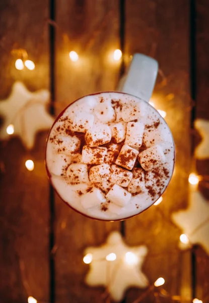 Close Christmas White Mug Hot Cocoa Tea Coffee Marshmallow Winter — Stock Photo, Image