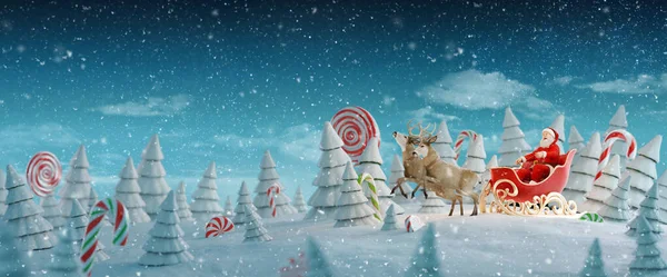 Happy Santa Claus in Christmas sleigh in a magical forest with candy canes. Unusual Christmas 3d illustration. Merry Christmas and a Happy new year concept