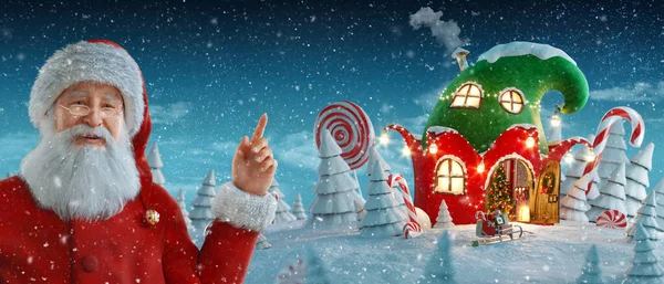 Święty Mikołaj Wskazuje Pustą Przestrzeń Niesamowity Bajkowy Dom Kształcie Elfów — Zdjęcie stockowe
