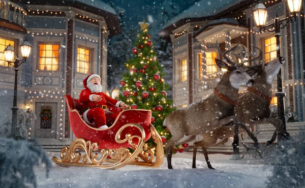 Счастливого Санта Клауса Рождественских Санях Городе Необычная Рождественская Иллюстрация Новым — стоковое фото