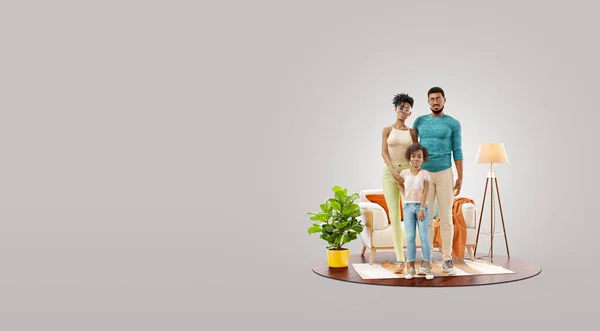 一个快乐的非洲裔美国家庭享受新家的3D例证 快乐的家庭观念 — 图库照片