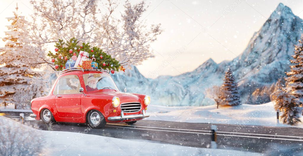 Santa claus in Cute little retro car with decorated christmas tree on top goes by wonderful countryside road. Unusual christmas 3d illustration