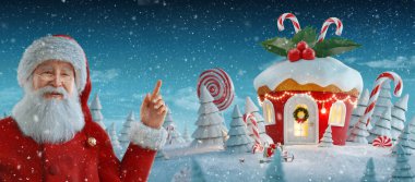 Noel Baba boşluğu işaret ediyor. Noel çöreği şeklinde, şekerli ve Noel ışıklarıyla süslenmiş bir peri evi. Olağandışı Noel 3D illüstrasyon kartpostalı