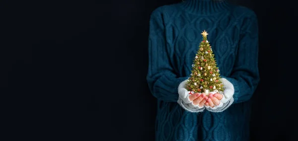 Cute Woman Holds Decorated Christmas Tree Her Hands Merry Christmas — Stock Photo, Image