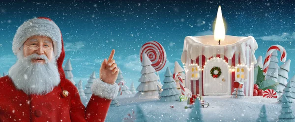 圣诞老人指着空白的地方 神奇的神仙屋在圣诞节装饰成烛光形状 点缀着圣诞灯 圣诞节3D插图 圣诞快乐 新年快乐 — 图库照片