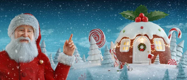 圣诞老人指着空白的地方 在圣诞节装饰成传统圣诞自制布丁形状的令人惊奇的房子 上面装饰着冬青浆果和圣诞灯 不同寻常的圣诞3D插图 — 图库照片
