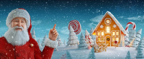 Santa Claus Pointing Blank Space Amazing Fairy Christmas Gingerbread House — Stock Photo, Image