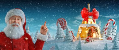 Noel Baba boşluğu işaret ediyor. Noel 'de kırmızı kurdele ve yılbaşı ışıklarıyla süslenmiş harika bir peri evi. Alışılmadık noel 3d illüstrasyon kartpostalı.