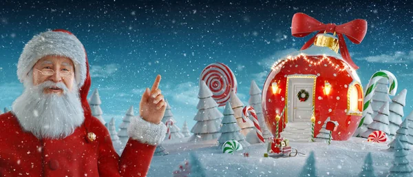 Kerstman Wijst Naar Lege Ruimte Verbazingwekkend Feeënhuis Versierd Met Kerst — Stockfoto
