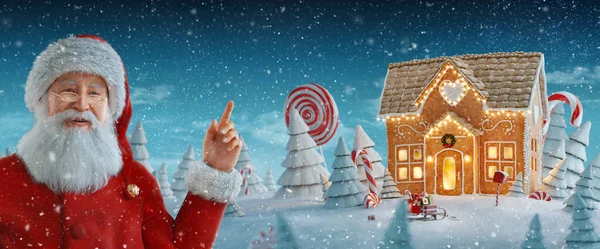 Kerstman Wijst Naar Lege Ruimte Geweldige Fee Kerst Peperkoek Huis — Stockfoto
