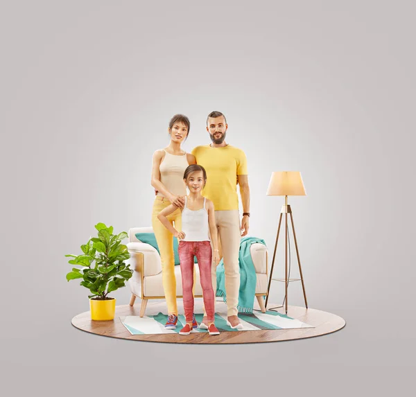 快乐的家庭观念 一个快乐的家庭享受新家的不同寻常的3D例证 — 图库照片