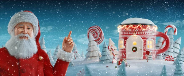 圣诞老人指着空白的地方 圣诞节时用圣诞杯子装饰的漂亮房子 圣诞节3D插图 圣诞快乐 新年快乐 — 图库照片