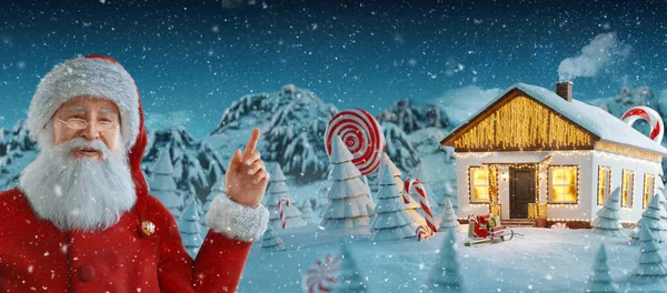 Санта Клаус Указывает Пустое Место Симпатичный Белый Дом Украшенный Занавес — стоковое фото