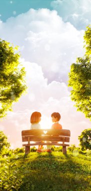 Sevgililer Günü konsepti. Birbirine aşık bir çiftin parkta bankta otururken birbirlerine baktıkları alışılmadık üç boyutlu bir çizim..