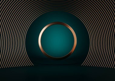 Koyu yeşil arka plan, yuvarlak altın çerçeve, anıt tahtası, soyut asgari konsept, boş alan, temiz tasarım, lüks minimalist modelleme