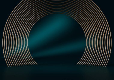 Koyu yeşil arka plan, yuvarlak altın çerçeve, anıt tahtası, soyut asgari konsept, boş alan, temiz tasarım, lüks minimalist modelleme