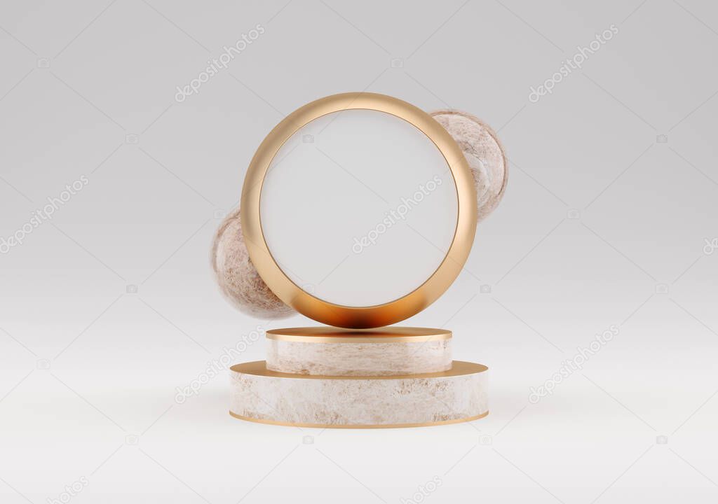 3d illustration of white marble pedestal isolated on white background, round gold frame, memorial board, marbel sphere, abstract minimal concept, blank space, clean design, luxury minimalist mockup