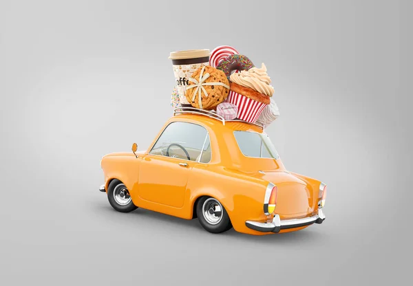 Cute Fantastic Retro Car Sweets Coffee Top Pastries Concept Illustration — Zdjęcie stockowe