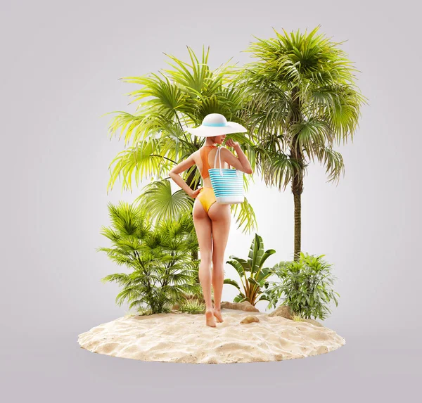 一个美丽纤细的女人带着手提包在热带小岛上的不同寻常的3D图片 夏天的时间 旅行和度假概念 — 图库照片