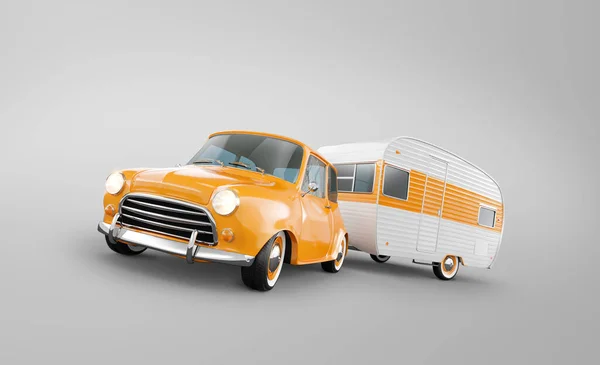 Coche Retro Con Remolque Blanco Ilustración Inusual Una Caravana Camping — Foto de Stock