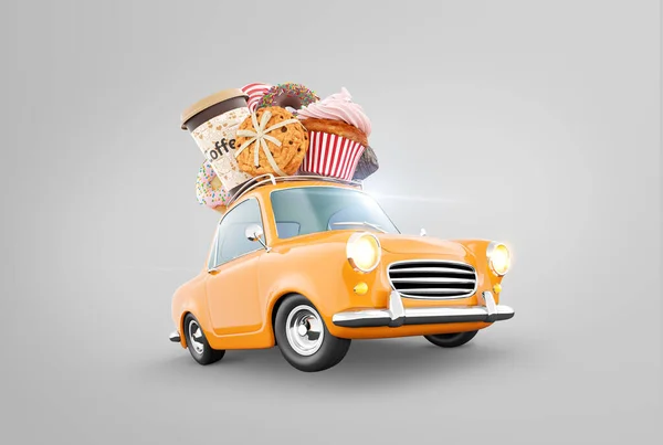 Cute Fantastic Retro Car Sweets Coffee Top Pastries Concept Illustration Fotografia Stock