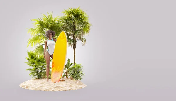 Insolito Illustrazione Una Bella Donna Nera Snella Con Tavola Surf Foto Stock