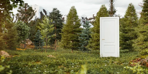 Alışılmadık Tasarım Konsepti Vahşi Ormanın Ortasında Kapalı Beyaz Kapı Nın — Stok fotoğraf