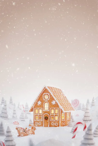 Ongebruikelijke Kerst Illustratie Wenskaart Leuke Gezellige Dromerige Kerst Peperkoek Huis — Stockfoto