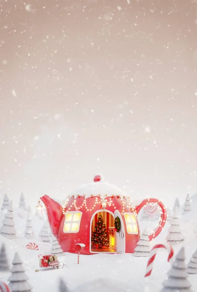 Unusual Christmas Illustration Greeting Card Cute Cozy Dreamlike House Decorated — Stock Photo, Image