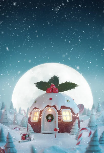可爱舒适的梦幻般的圣诞装饰房子形状的传统圣诞自制布丁与冬青浆果和圣诞夜晚的灯 不同寻常的圣诞3D插画贺卡 — 图库照片