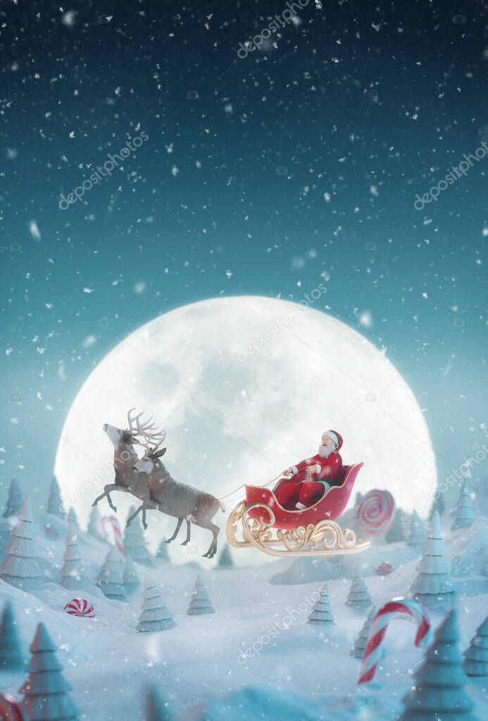 Happy Happy Santa Claus in Christmas sleigh in a magical forest at Christmas night. Unusual Christmas 3d illustration. Merry Christmas and a Happy new year concept