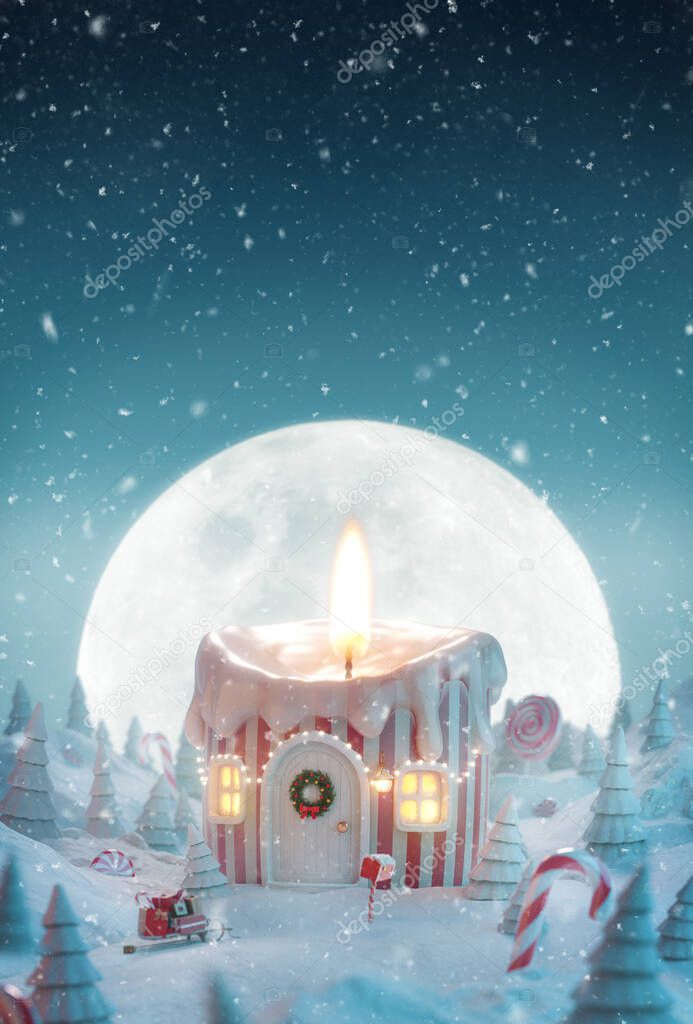 Cute cozy dreamlike Christmas decorated house at in shape of Christmas candle with lights in a magical forest at Christmas night. Unusual Christmas 3d illustration greeting card.