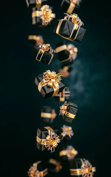 美丽的抽象圣诞背景 礼物盒在黑色背景上的流动 黑色星期五概念3D插图 — 图库照片