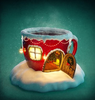 Peri ev şaşırtıcı Noel'de şekli çay Kupası açılan kapı ve içinde şömine ile dekore edilmiş. Olağandışı christmas illüstrasyon.
