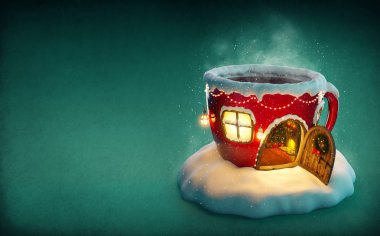 Peri ev şaşırtıcı Noel'de şekli çay Kupası açılan kapı ve içinde şömine ile dekore edilmiş. Olağandışı christmas illüstrasyon.