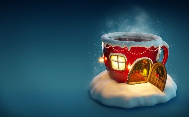 Peri ev şaşırtıcı Noel'de şekli çay Kupası açılan kapı ve içinde şömine ile dekore edilmiş. Olağandışı christmas illüstrasyon.