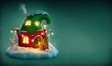 Peri ev şaşırtıcı Noel'de açılan kapı ve içinde şömine ile elfs şapka şeklinde dekore edilmiş. Olağandışı christmas illüstrasyon.