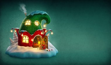 Amazing fairy house decorated at christmas in shape of elfs hat with opened door and fireplace inside. Unusual christmas illustration. clipart