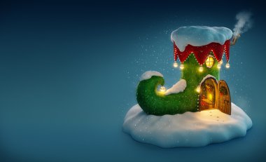 Peri ev şaşırtıcı Noel'de elfs ayakkabı ile açılan kapı ve şömine içinde olarak dekore edilmiş. Olağandışı christmas illüstrasyon.