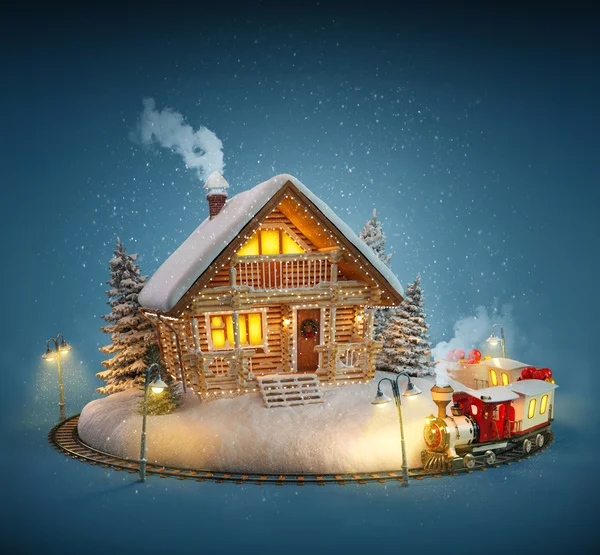 Casa di tronchi decorata con luci di Natale e treno magico su sfondo blu. Illustrazione di Natale insolito — Foto Stock