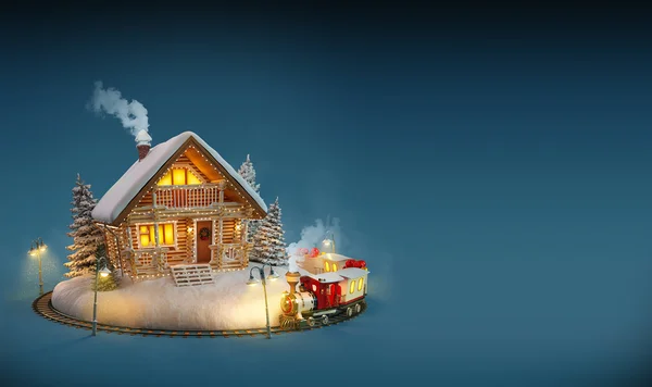 Casa de madera decorada con luces de Navidad y tren mágico sobre fondo azul. Ilustración inusual de Navidad — Foto de Stock