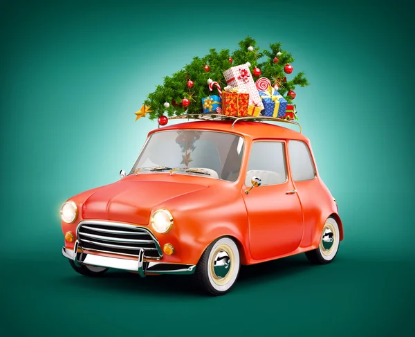 Retro car with gift boxes and christmas tree. Unusual christmas illustration — Stock Photo, Image