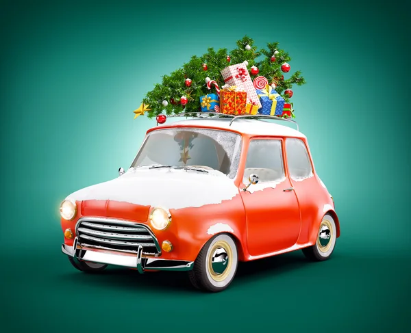 Retro bil med presentaskar och julgran. Ovanlig jul illustration — Stockfoto