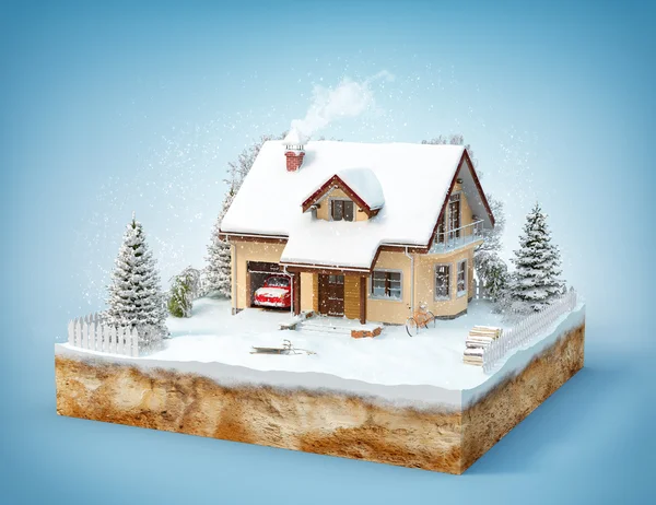 Cute house on a piece of earth with snowed garden and trees in winter. — Stock Photo, Image