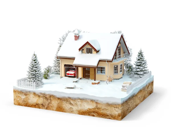 Cute house on a piece of earth with snowed garden and trees in winter. — Stock Photo, Image
