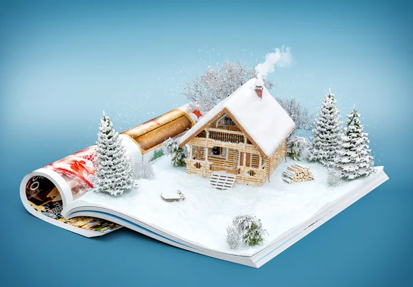 Cute log house on a page of opened magazine in winter. Unusual winter illustration — Stock Photo, Image